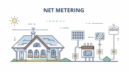 Illustration of a house with solar panels and net metering system showing energy flow and consumption