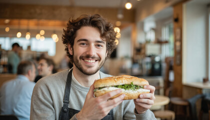 Young man with curly hair sits at table in restaurant. Wears gray shirt, black apron, holds large sandwich with lettuce, tomatoes. Casual, homely atmosphere with wooden floor, large windows, natural