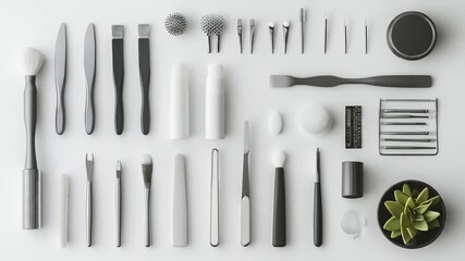 Aesthetic arrangement of beauty and grooming tools on a clean white background