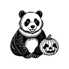 A charming black and white illustration of a happy panda sitting beside a carved Halloween jack-o'-lantern pumpkin.