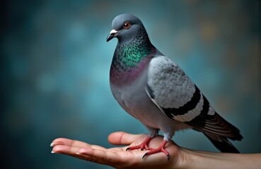 A pigeon perched on a person's hand with a blurred natural background