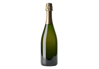 Sparkling wine bottle against a black background.
