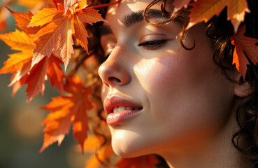 Woman with autumn leaves framing her face in warm sunlight