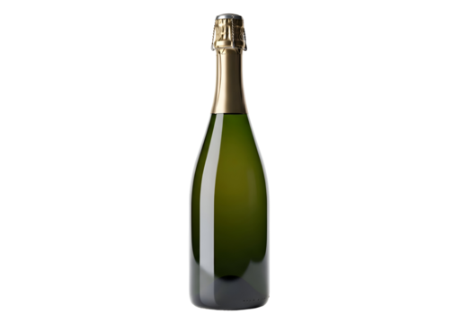 Sparkling wine bottle against a black background.