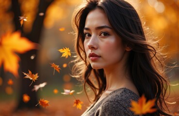 Fototapeta premium Woman with flowing hair in autumn park surrounded by falling leaves and warm sunlight