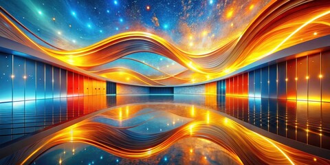 Abstract Celestial Interior Design A Reflective Hallway with Swirling Golden and Blue Hues