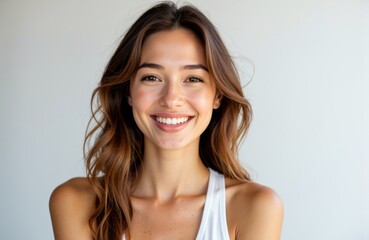 A smiling woman with long wavy brown hair and clear skin looking directly at the camera