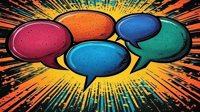 Vibrant speech bubbles in bold colors stand out against a striking, explosive backdrop