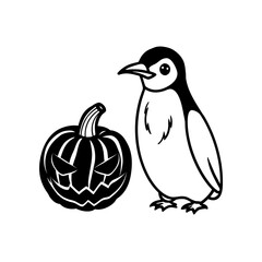 A simple black and white illustration depicting a cute penguin standing next to a carved Halloween jack-o'-lantern.