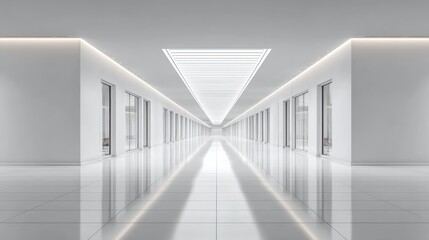 Bright hallway in office building with white walls, modern lighting, and glass doors leading to offices, clean space for text