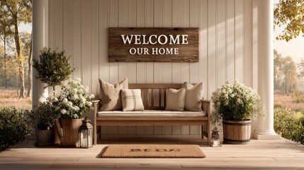 Bright 'Welcome to Our Home' sign on a cozy front porch with flowers, doormat, and soft lighting, warm and inviting atmosphere