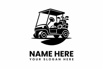 Obraz premium Stylized Golf Cart with Clubs Silhouette Sporty Vehicle Icon.