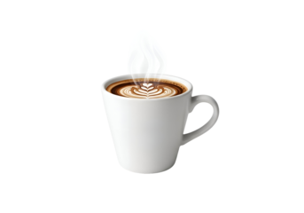 White coffee cup with latte art and steam.