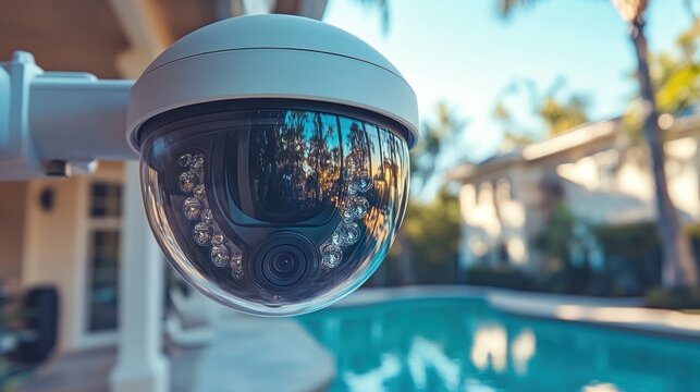 Exterior security camera overlooking a pool
