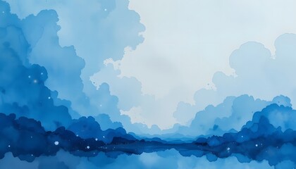 Abstract watercolor painting of blue clouds and reflections in water