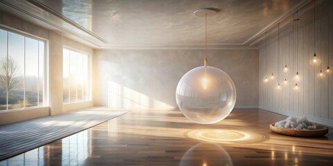 Serene Minimalist Interior Design with Orb Pendant Light and Natural Light Streaming Through Expansive Windows