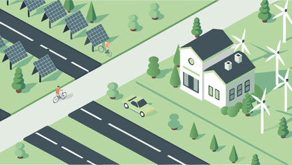 Isometric view of a sustainable neighborhood with solar panels wind turbines and electric car usage