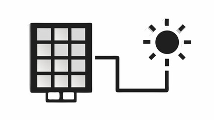 Solar panel with cells connected to the sun symbol by a line in a minimal black and white design