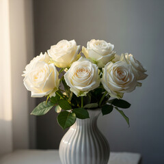 Obraz premium A simple white vase holds a bouquet of beautiful white roses in soft, natural light.
