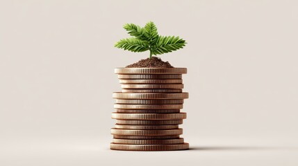 Stack of cash growing as coins and notes are added one by one, investment growth metaphor, clean background