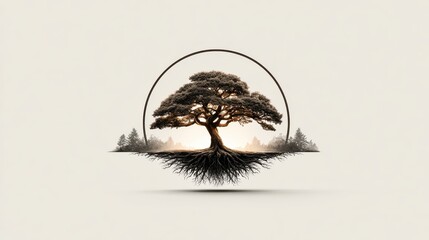 Tree silhouette logo framed in a circle with roots extending beyond, symbolizing stability and deep connection to nature