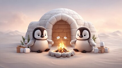 Penguins roasting marshmallows over a campfire near a Christmas igloo, cozy scene with copy space for greeting cards