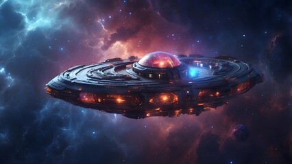 A mysterious glowing starship drifting through a nebula. Cinematic theme, HDR, Vibrant