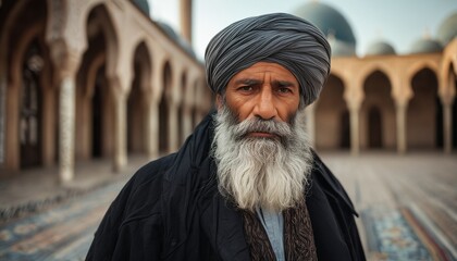 a weathered man with a long white beard and traditional turban stands before the historic arches of a mosque.