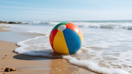 Obraz premium Colorful Beach Ball on the Sandy Shore with Gentle Waves