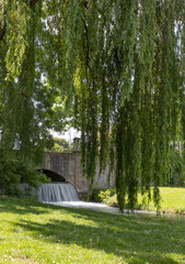 Parklandschaft mit grünen Bäumen und einer Brücke und Wassefall