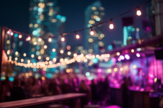 Night rooftop bar scene with string lights and soft bokeh, city skyline in background, glowing atmosphere ideal for nightlife, rooftop lounge, or urban party themes