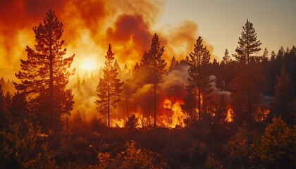 a fiery landscape of silhouetted evergreen trees engulfed in the orange glow of a raging wildfire.