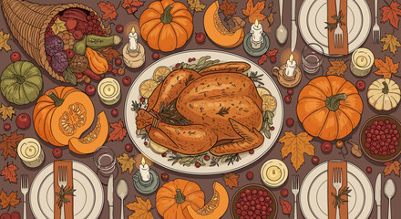 Abundant Thanksgiving Feast Table Setting with Roasted Turkey and Autumn Produce