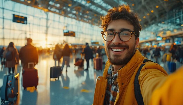 a smiling young man with glasses takes a selfie in a bustling airport terminal with warm lighting and blurred figures in the background.
