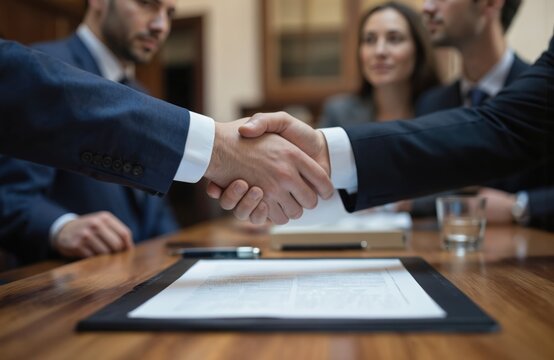 Two businessmen shake hands over signed contract in corporate office. Group of professionals involved in deal negotiations. Formal meeting with papers open on wooden table.
