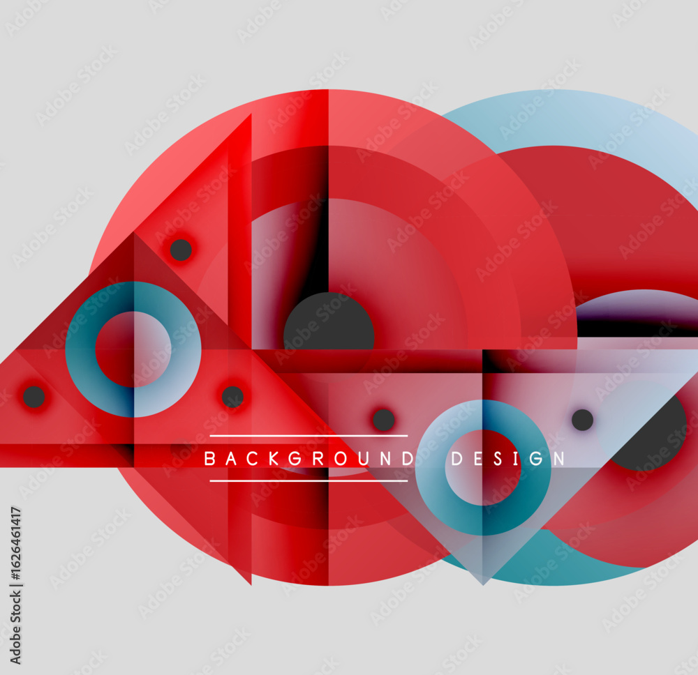 Poster abstract geometric composition. red, blue circles, triangles overlap. modern design elements create 