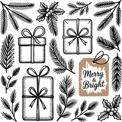 Festive hand drawn christmas elements including gifts pine branches and holly berries with a merry and bright tag