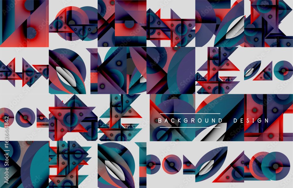 Poster abstract geometric pattern. red, blue, purple shapes repeat. modern design elements create dynamic v