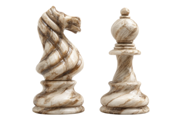 Two ornate chess pieces, a knight and a bishop, stand apart.  Creamy beige with swirling, marbled brown patterns.  Detailed carvings.  Isolated on black background