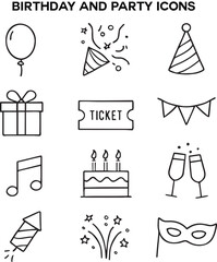 Fototapeta premium Events and Party Icon Set in Modern Outline Style Includes Balloons, Confetti, Gifts, Party Hat, Tickets and More