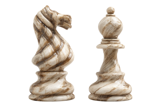 Two ornate chess pieces, a knight and a bishop, stand apart.  Creamy beige with swirling, marbled brown patterns.  Detailed carvings.  Isolated on black background