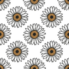 Seamless Black and White Sunflower Pattern &ndash; Hand-Drawn Floral Line Art Design
