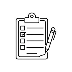 Simple outline icon of a checklist on a clipboard with a pen