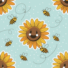 Cartoon Sunflower Sticker with Smiling Face and Bees, Cute Cartoon Sunflower Sticker with Bees &ndash; Smiling Flower Vector Design