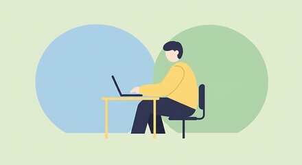 Fototapeta premium Young student artist sitting on a chair at a desk with a laptop, painting a picture