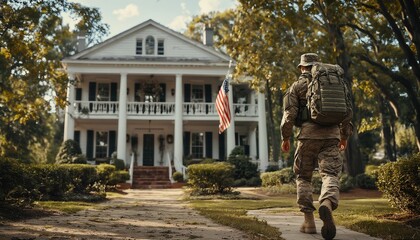 Obraz premium a soldier walks toward a stately southern home adorned with an american flag, carrying a heavy backpack and suggesting a return or journey.