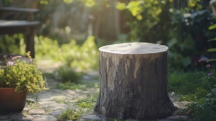 Fototapeta premium Wooden stool supporting tree stump in outdoor setting