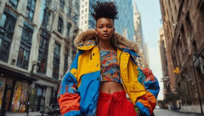 a striking young woman confidently poses in a vibrant, patchwork puffer jacket and red track pants amidst the towering buildings of a city street.