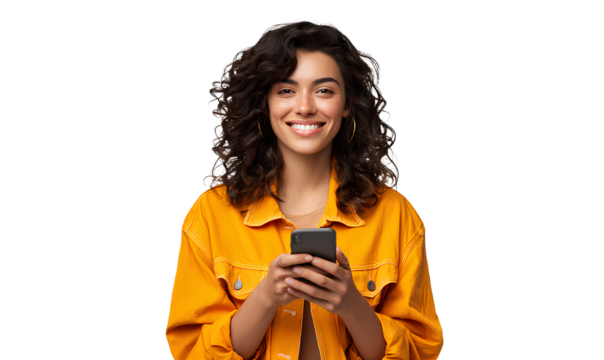 Latin American Woman Holding Smartphone and Smiling, Front Portrait View, Isolated on Transparent Background - Powered by Adobe