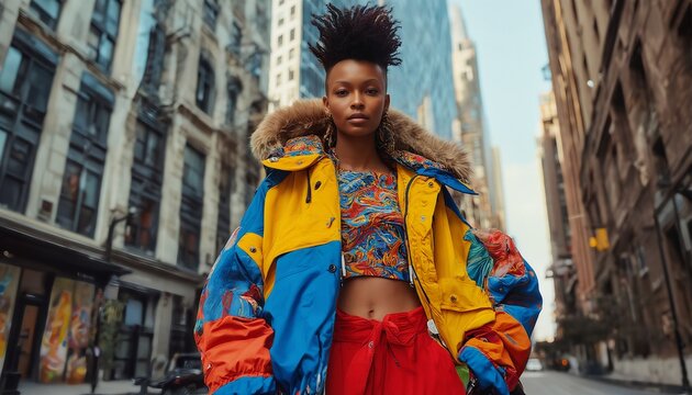 a striking young woman confidently poses in a vibrant, patchwork puffer jacket and red track pants amidst the towering buildings of a city street.